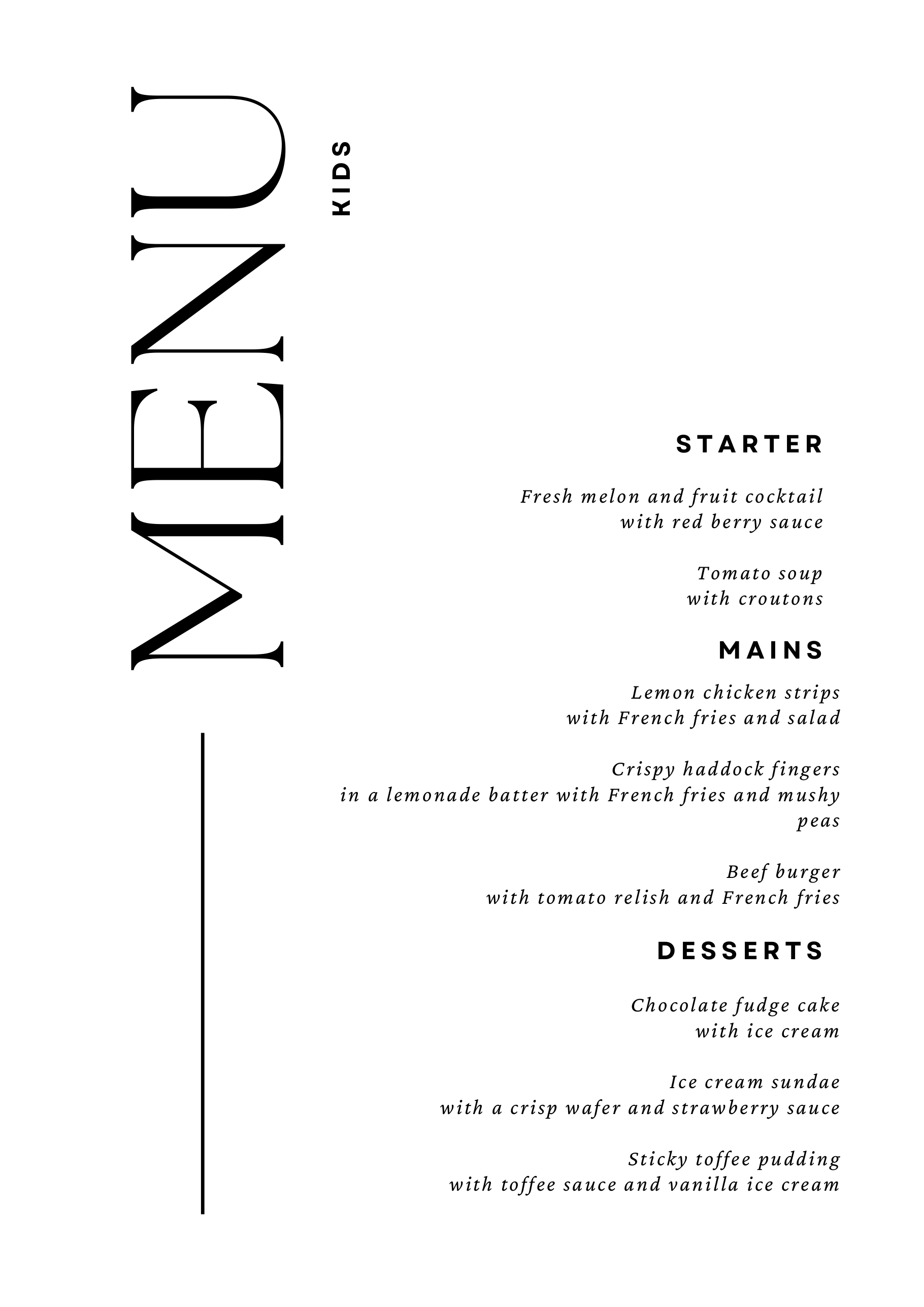 Children's wedding menu